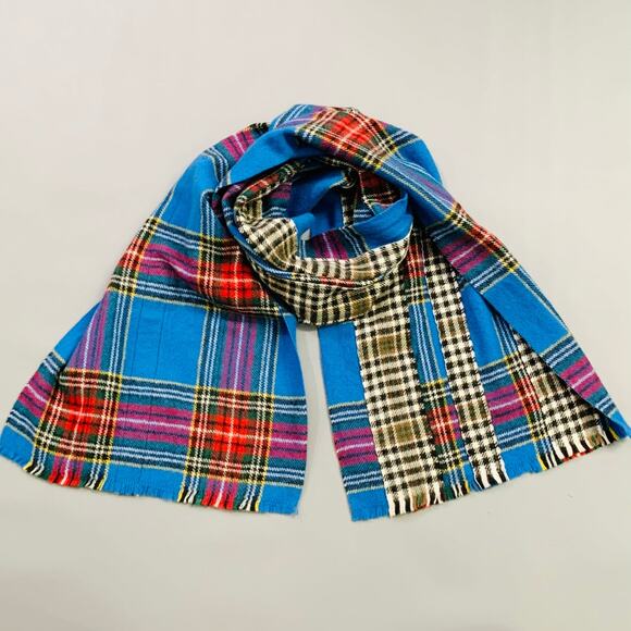 COMME des GARCONS SHIRT BOYS Blue Red Plaid Mixed Patterns Wool Fringe Scarf - Picture 1 of 5